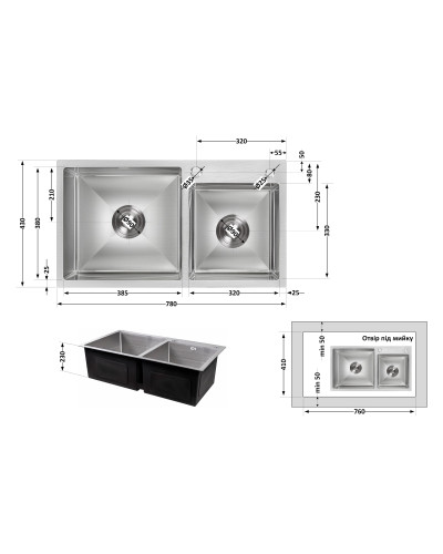 Мойка для кухни с двумя чашами интегрированная Lidz Handmade H7843 (LDH7843BRU35387) Brushed Steel 3,0/1,0 мм