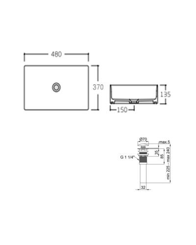 Комплект Qtap Tern: Раковина накладная прямоугольная 475х370х140 мм Matt Black + Донный клапан PU03