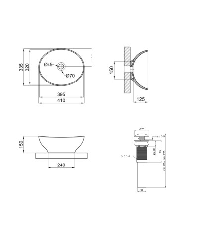 Комплект Qtap Dove: Раковина накладная овальная 410x335x145 мм Matt Black + Донный клапан PU03